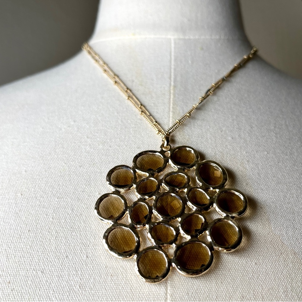 Anthropologie Brown Gold Stone Cluster Necklace Retro 70s Chain Circle Pendant - Picture 3 of 14